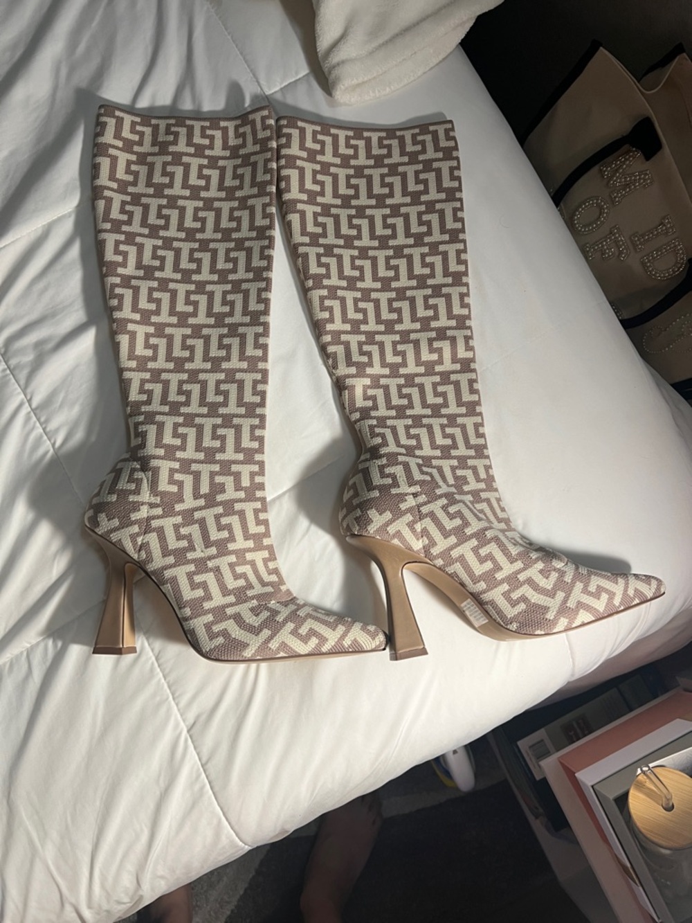 Woven Geometric Knee-High Boots in Beige and Cream